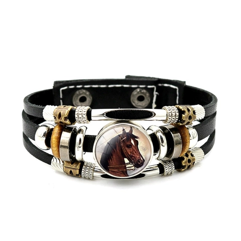Bracciale Multistrato in Ecopelle Punk Vintage per Uomo Donna Fatto a Mano in Lega Vetro Motivo Testa di Cavallo Bracciale Avvolgente
