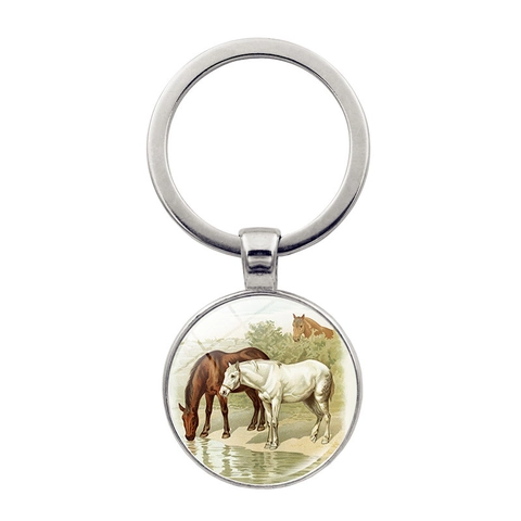 Horse Head Time Gem Keychain Zinc Alloy Glass Animal Pendant Key Ring Vintage Photography Horse Jewelry Hanging Ornament Gift