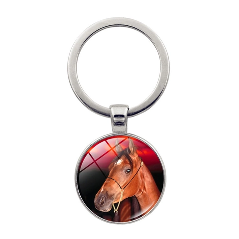 Horse Head Time Gem Keychain Zinc Alloy Glass Animal Pendant Key Ring Vintage Photography Horse Jewelry Hanging Ornament Gift