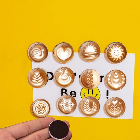 Aimants de Réfrigérateur en Verre Art Latte de Café Ronds Autocollants Magnétiques Décoratifs pour Maison Cuisine Bureau