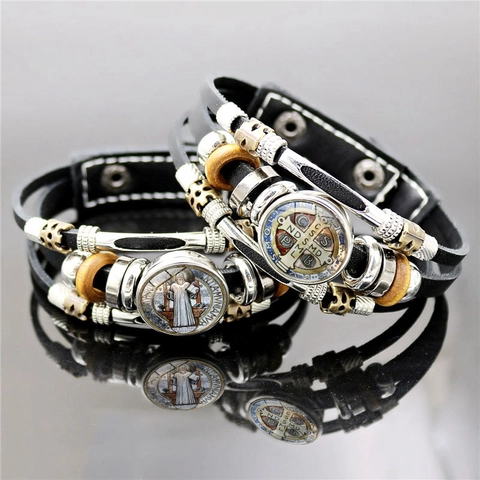 Vintage Sint Benedictus Medaille Meerlaags Punk Leren Armband Voor Mannen Vrouwen Religieuze Handgemaakte Houten Kralen Sieraad