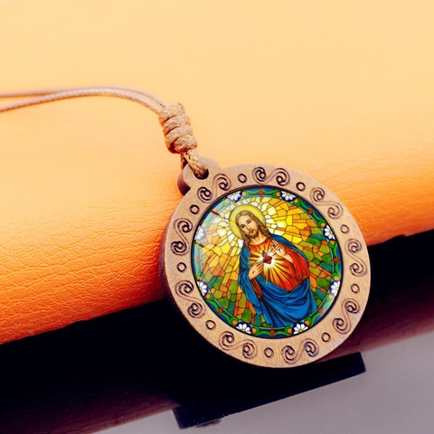 Religieuze Hanger Ketting Heilig Hart Van Jezus Hout Vintage Gegraveerd Hout Glas Cabochon Bruin Touw Ketting Sieraden Unisex