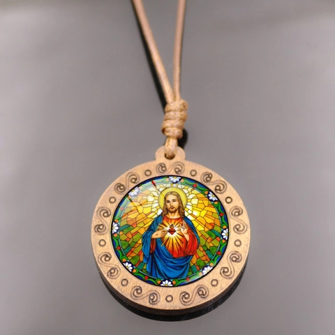 Religieuze Hanger Ketting Heilig Hart Van Jezus Hout Vintage Gegraveerd Hout Glas Cabochon Bruin Touw Ketting Sieraden Unisex