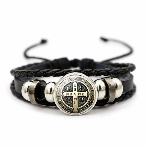 Vintage Saint Benedict Medal Multi-layer Leather Bracelet Handmade Woven Adjustable Rope Bracelet Religious Jewelry For Men Women