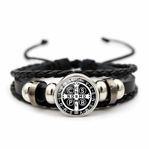 Vintage Saint Benedict Medal Multi-layer Leather Bracelet Handmade Woven Adjustable Rope Bracelet Religious Jewelry For Men Women