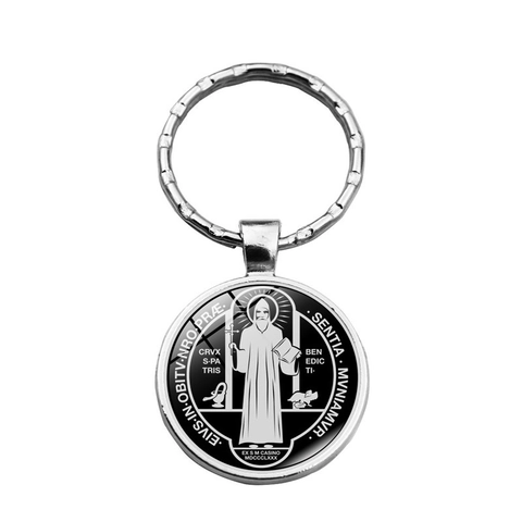 Vintage St Benedict Medal Keychain Religious Catholic Saint Benedict Cross Key Ring Zinc Alloy Glass Pendant Jewelry Gift