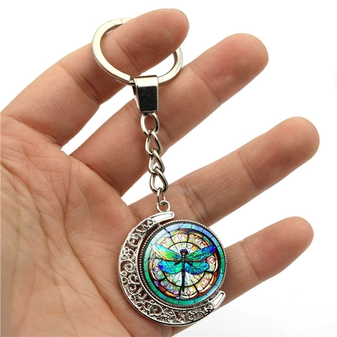 Vintage Rotierender Mond Schlüsselanhänger Bunte Libelle Doppelseitiger Glasanhänger Zinklegierung Schlüsselring Für Damen Geschenk