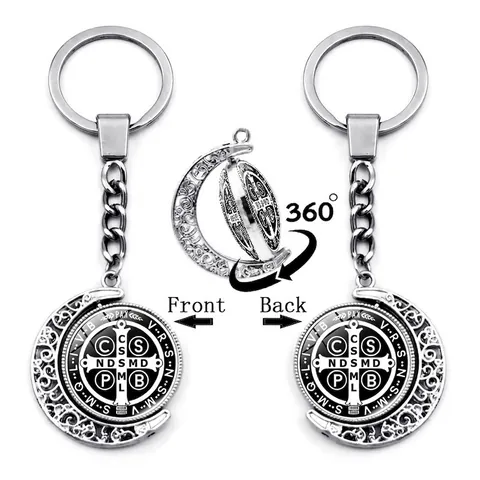 Sint-Benedictuspenning Roterende Sleutelhanger Creatieve Maanhanger Zinklegering Metalen Sleutelring Religieuze Sieraden Cadeau