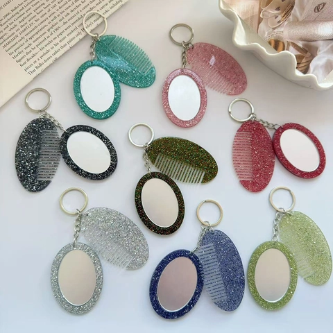Portable Mini Mirror Comb Keychain Shiny Glitter Acrylic Oval Bag Charm Fashionable Accessoy For Women Girls
