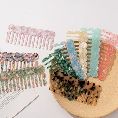 Portable Acetate Hair Comb Wide Tooth Detangling Comb Marble Pattern Scalloped Edge Anti-Static Hair Brush For Women