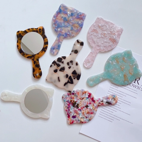 Retro Cat Shaped Acetate Portable Makeup Mirror Handheld Mini Cosmetic Mirror Marble Leopard Floral Pattern For Women
