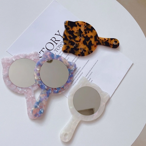 Retro Cat Shaped Acetate Portable Makeup Mirror Handheld Mini Cosmetic Mirror Marble Leopard Floral Pattern For Women