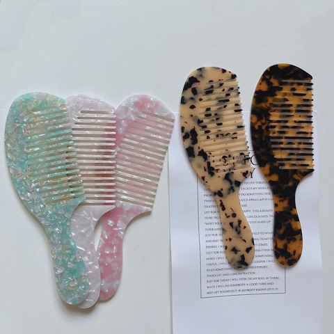 Retro Celluloseacetaat Haarkam Lange Handgreep Ontwarrende Brede Tanden Kam Marmer Schildpad Patroon Haarstyling Tools Voor Dames