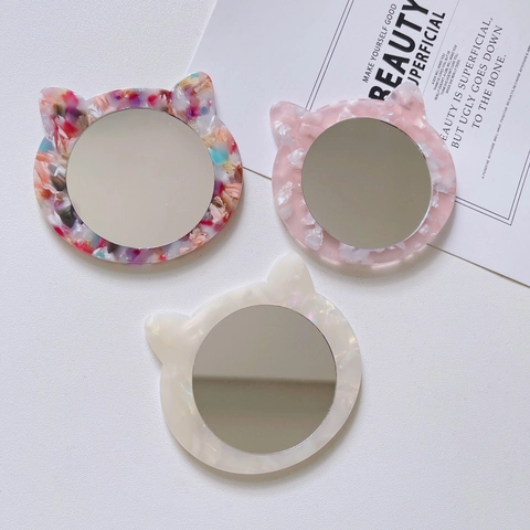 Cute Cat Shaped Portable Mini Makeup Mirror For Women Cellulose Acetate Pocket Mirror With Marble Texture Beauty Tool