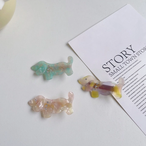 Simpatica Clip per Capelli a Forma di Bassotto in Acetato per Donna Strass Motivo Animale Clip Laterale Leopardata