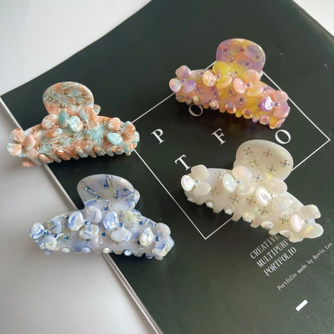 Korean Style Vintage Acetate Flower Hair Claw Rhinestone Embellished Marble Texture Shark Clip Women Fashion Hair Accessory