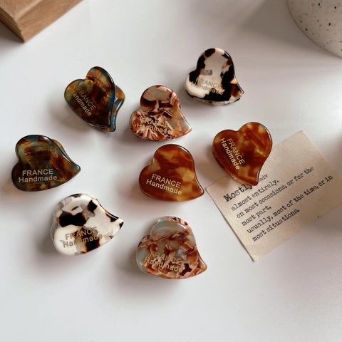 French Vintage Mini Heart Bear Cat Hair Claw Clips Acetate Marble Pattern Small Shark Clips Women Hair Accessories
