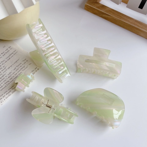 Elegante Pinza para el Cabello Coreana de Acetato Mármol Verde Irisado Geométrico Brillo de Concha Clip de Tiburón para Mujer