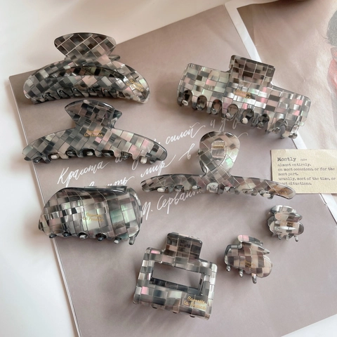 French Style Cellulose Acetate Hair Claw Clip High End Mosaic Checkered Shark Clip Shell Texture Hair Accessories For Women
