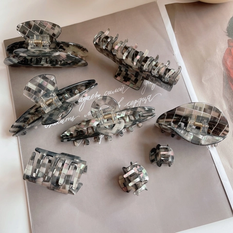 French Style Cellulose Acetate Hair Claw Clip High End Mosaic Checkered Shark Clip Shell Texture Hair Accessories For Women