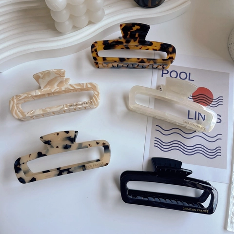 French Vintage Acetate Hair Claw Large Square Hollow Hair Clip Leopard Marble Pattern Geometric Hair Accessories For Women