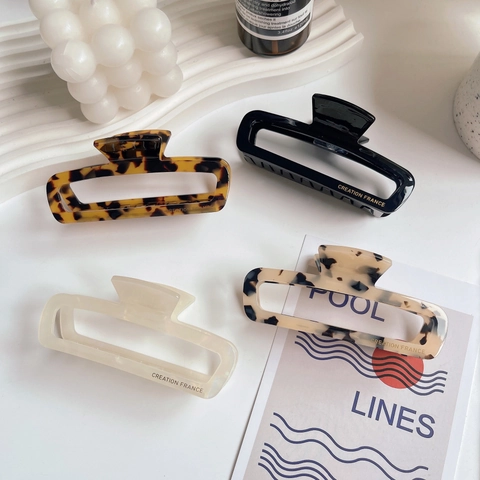 French Vintage Acetate Hair Claw Large Square Hollow Hair Clip Leopard Marble Pattern Geometric Hair Accessories For Women