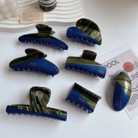 Franse Stijl Retro Acetaat Patchwork Haarklem Donkerblauw Marmeren Textuur Elegante Shark Clip Voor Dames Dagelijkse Haaraccessoires