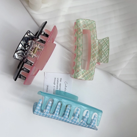 Koreaanse Stijl Acryl Grote Haarklem Minimalistisch Geruit Marmer Rechthoekig Hol Shark Clip Mode Haaraccessoires Voor Vrouwen