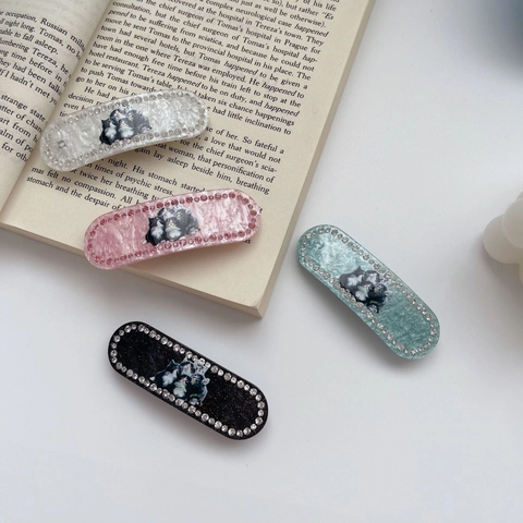 Vintage Acetaat Schattige Kat Patroon Ovale Haarclip Met Strass Elegante Dier Veerclip Haaraccessoires Voor Vrouwen