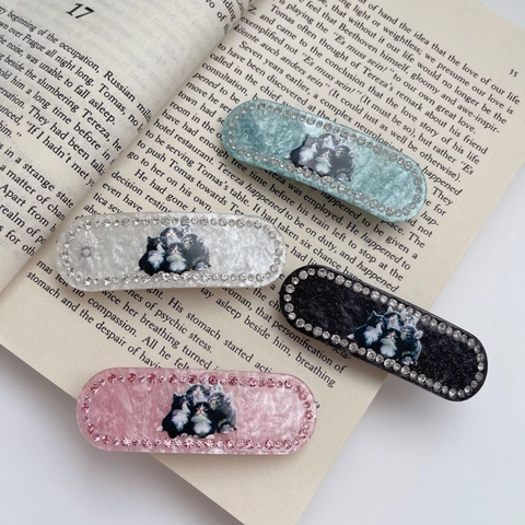 Vintage Acetaat Schattige Kat Patroon Ovale Haarclip Met Strass Elegante Dier Veerclip Haaraccessoires Voor Vrouwen