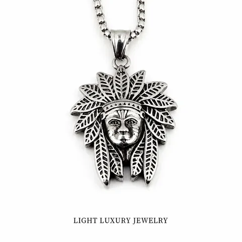 Vintage Titanium Steel Indian Chief Head Pendant Necklace For Men Hip Hop Ethnic Feather Headdress Jewelry Accessories