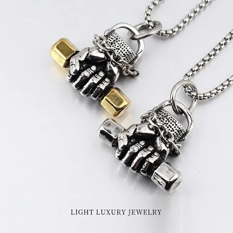 Retro Hip Hop Fist Holding Dumbbell Pendant Necklace For Men Stainless Steel Fitness Sports Jewelry With Box Chain