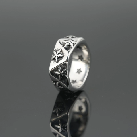 Vintage Stainless Steel Star Embossed Ring Punk Rock Hip Hop Wide Band Ring For Men Women Hipster Jewelry Daily Decor