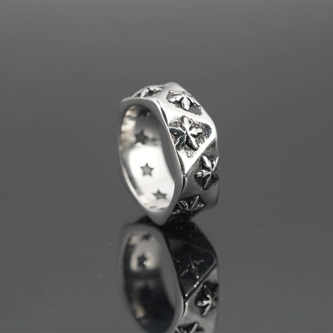 Vintage Stainless Steel Star Embossed Ring Punk Rock Hip Hop Wide Band Ring For Men Women Hipster Jewelry Daily Decor