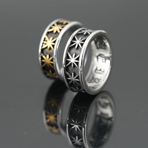 Vintage Verouderd Titanium Staal Ring Voor Heren Dames Achtpuntige Ster Patroon Gothic Punk Vinger Sieraden Retro Band Ring