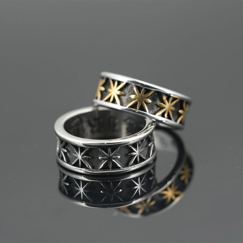 Vintage Verouderd Titanium Staal Ring Voor Heren Dames Achtpuntige Ster Patroon Gothic Punk Vinger Sieraden Retro Band Ring