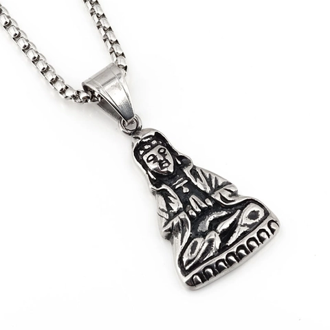 Vintage Stainless Steel Buddha Head Pendant Necklace For Men Women Hiphop Religious Jewelry Antique Silver Color Box Chain