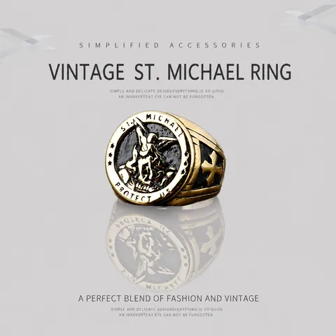 Vintage St. Michael Protect Us Embossed Signet Ring For Men Titanium Steel Religious Archangel Cross Shield Punk Hip Hop Jewelry