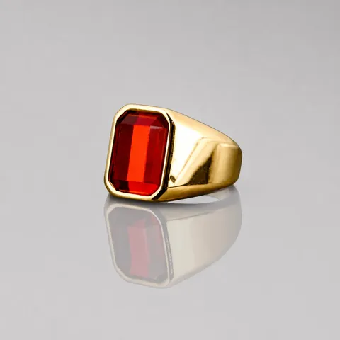 Men's Vintage Stainless Steel Signet Ring With Rectangular Red Black Rhinestone Geometric Square Gemstone Finger Ring