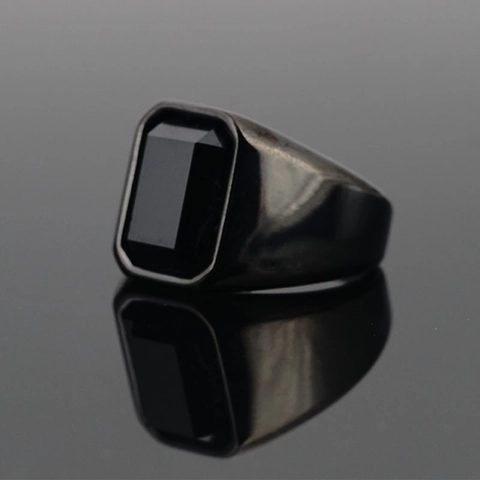 Men's Vintage Stainless Steel Signet Ring With Rectangular Red Black Rhinestone Geometric Square Gemstone Finger Ring