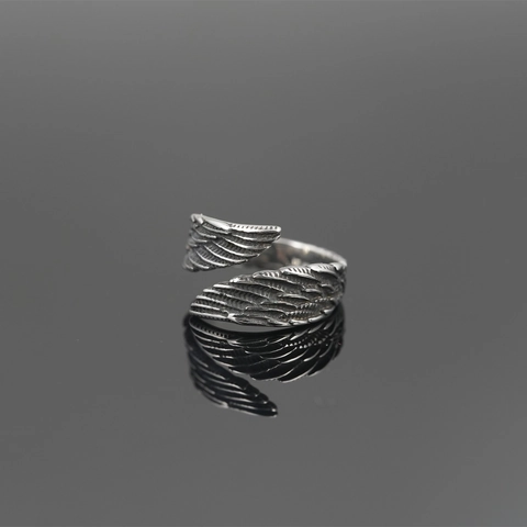 Vintage Titanium Steel Angel Wing Ring Polished Feather Texture Punk Hip Hop Jewelry Gift For Men Women Unisex Adjustable Band