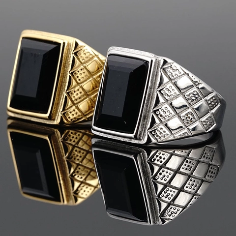 Vintage Titanstahl Rechteckig Strass Ring Für Herren Vergoldet Geometrisches Gittermuster Retro Punk Schmuck Siegelring