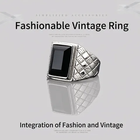 Vintage Titanstahl Rechteckig Strass Ring Für Herren Vergoldet Geometrisches Gittermuster Retro Punk Schmuck Siegelring