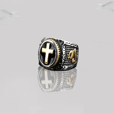 Anillo de Sello de Cruz de Acero Inoxidable Vintage para Hombre Gótico Esmalte Negro Manos en Oración Joyería Biker