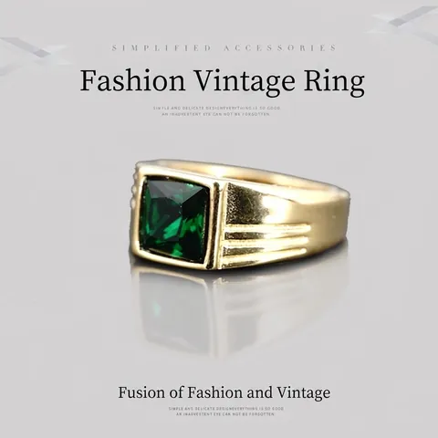 Anillo Retro de Hombre de Acero de Titanio con Strass Cuadrado Chapado en Oro Plata Geométrico Verde Azul Negro Rojo Amarillo Joyería Anillo