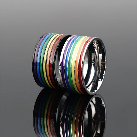 Titanium Steel Rainbow Striped Ring LGBTQ Pride Enamel Drip Oil Band Ring For Men Women Black Silver Fashion Jewelry
