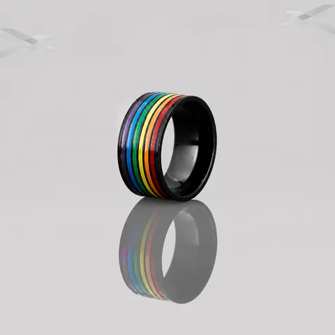 Titanium Steel Rainbow Striped Ring LGBTQ Pride Enamel Drip Oil Band Ring For Men Women Black Silver Fashion Jewelry