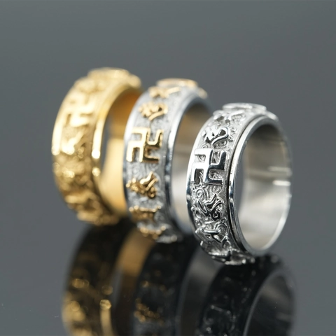 Anello Spinner Mantra Buddista in Acciaio Inossidabile Vintage per Uomo Anello Rotante Religioso con Simbolo Goffrato Gioielli