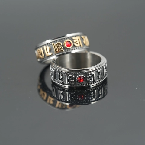 Anello Rotante Mantra a Sei Caratteri Vintage in Acciaio Inossidabile Spinner Buddista Con Zircone Rosso per Uomo Donna Gioielli Religiosi