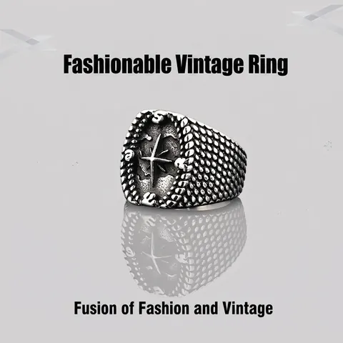 Vintage Kompass Polaris Siegelring Herren Titanstahl Antiksilber Retro Punk Nautisch Nordstern Gothic Band Schmuck